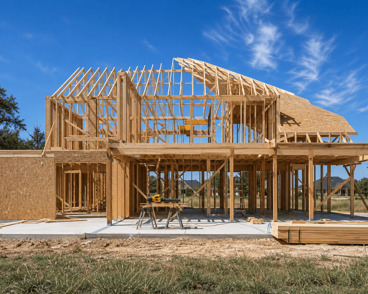 Two-story wood framing — open stud walls, roof trusses, and OSB sheathing — going up on a new residential build in the Central Texas suburbs.