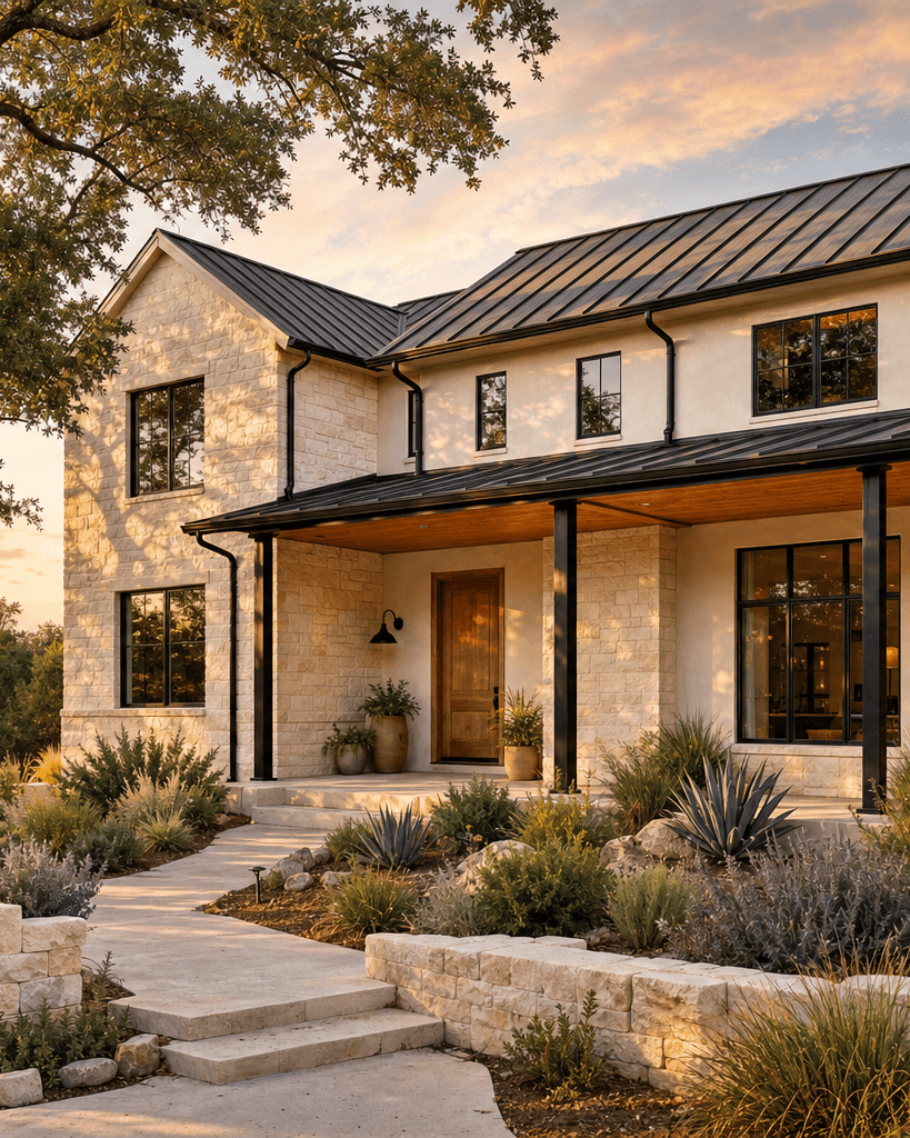 Finished custom Hill Country home with Texas limestone accents and a covered porch in the Georgetown, TX suburbs at golden hour.